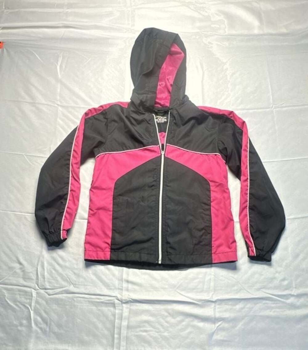 BCG Girls Black Pink Hooded Zip-Front Windbreaker Jacket Size M (8/10)
